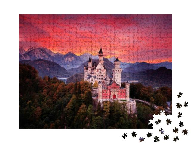 Puzzle 1000 Teile „Märchenschloss Neuschwanstein im blutroten Sonnenuntergang“