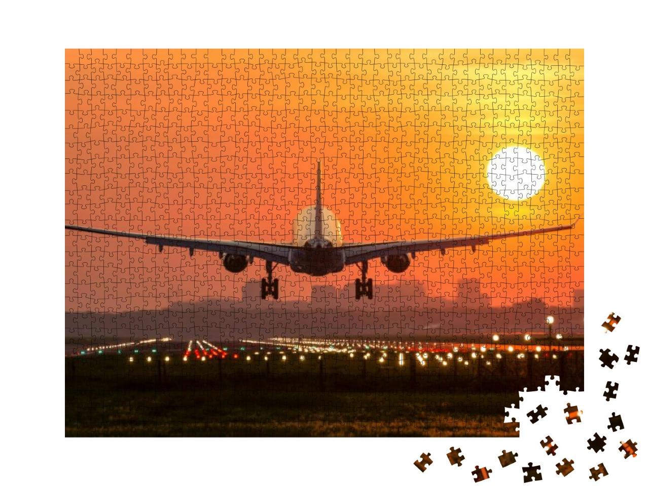 Puzzle 1000 Teile „Passagierflugzeug bei der Landung im Sonnenuntergang“