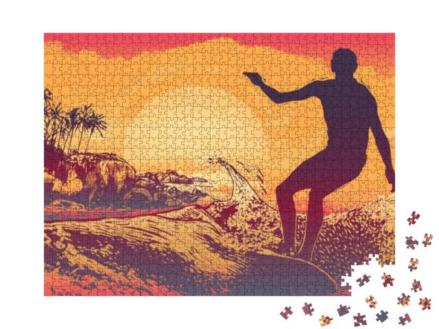 Puzzle 1000 Teile „Illustration: Surfer unter tropischer Sonne“