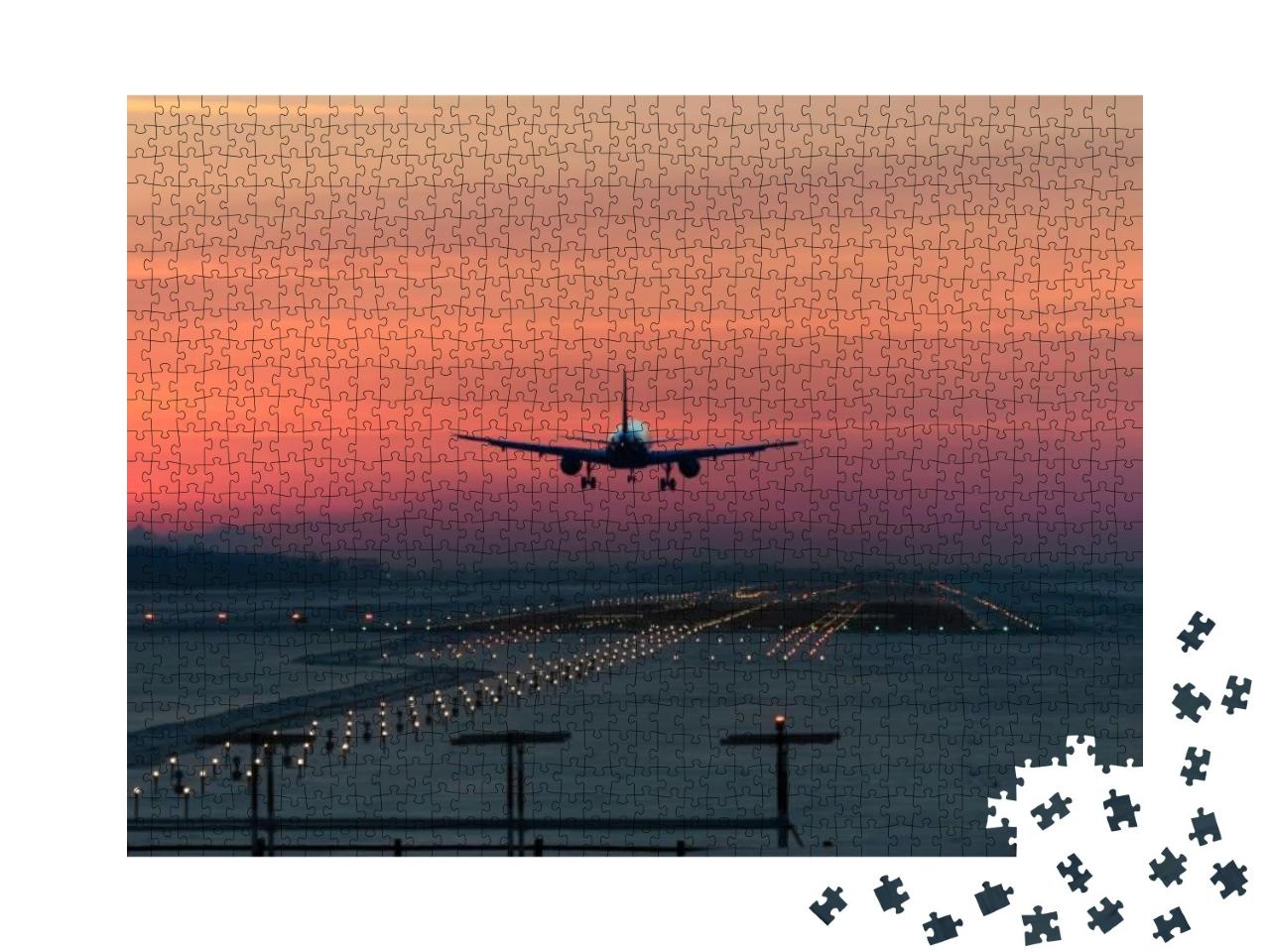 Puzzle 1000 Teile „Flugzeug im Landeanflug am frühen Morgen“