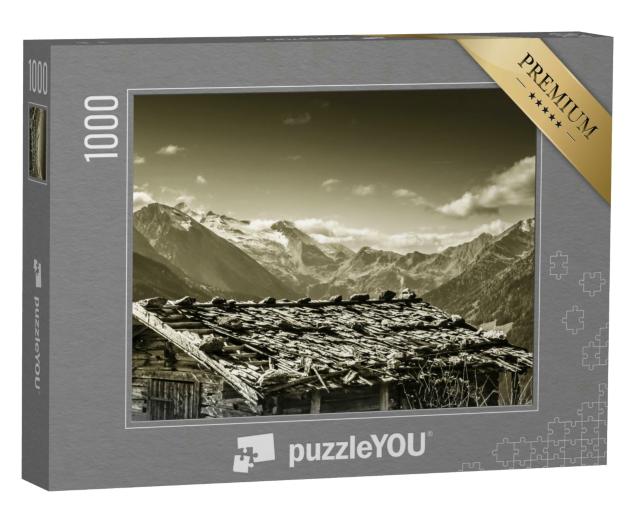 Puzzle 1000 Teile „Almhütte auf einen Gletscher im Zillertal, sepia“