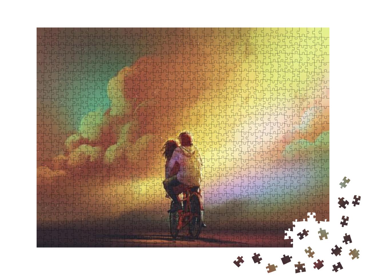 Puzzle 1000 Teile „Digitale Kunst: Verliebte Fahrt in den Sonnenuntergang“