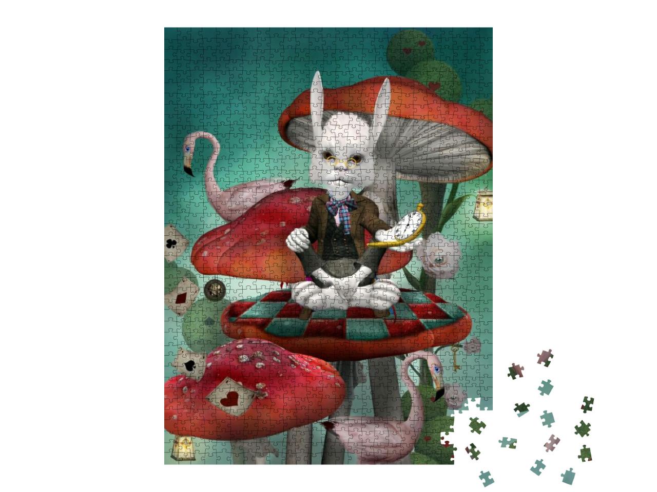 Puzzle 1000 Teile „Illustration, inspiriert von Alice im Wunderland: Hase mit Uhr“
