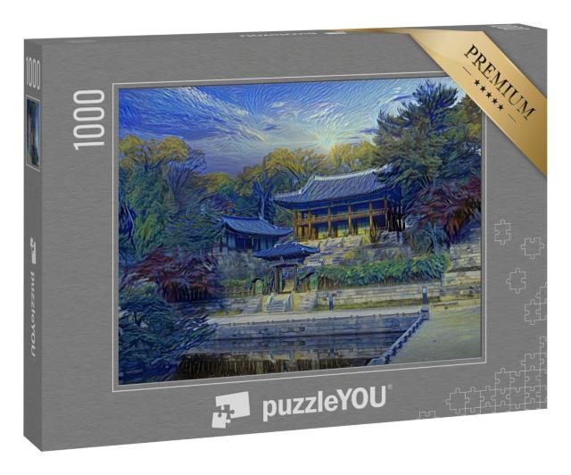 Puzzle 1000 Teile „im Kunst-Stil von van Gogh, Sternennacht - Herbst im Changdeokgung Palast in Seoul Südkorea“
