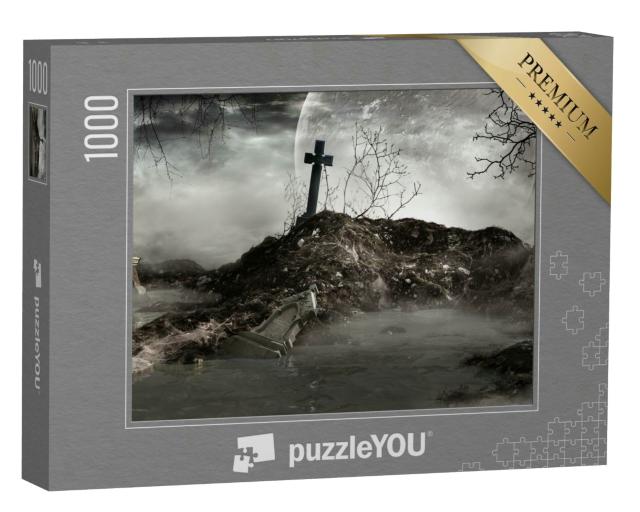Puzzle 1000 Teile „Illustration: Zerstörte Grabsteinen unter dem Vollmond“