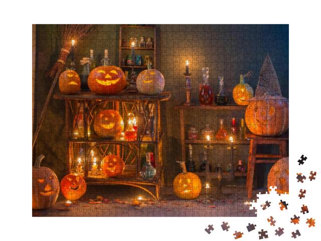 Puzzle 1000 Teile „Wunderschöne Halloween-Dekoration mit Kürbissen und Zaubertränken“