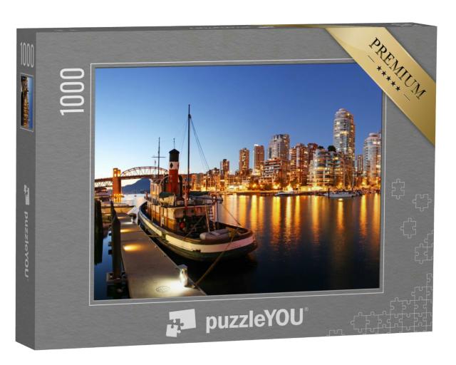 Puzzle 1000 Teile „Vancouver in Kanada in der Dämmerung, Wasser, Schiffe, Lichtspiel“