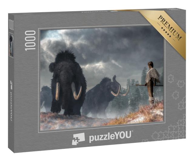 Puzzle 1000 Teile „Digitale Kunst: Mutige Frau im Anblick von Mammuts“