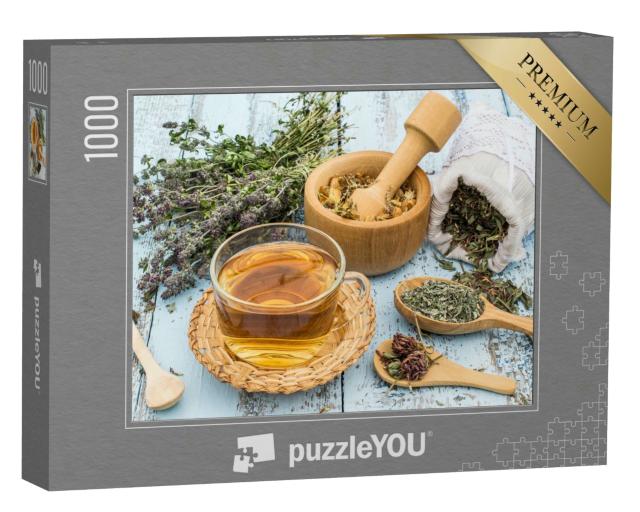 Puzzle 1000 Teile „Verschiedene getrocknete Wiesenkräuter und Kräutertee“