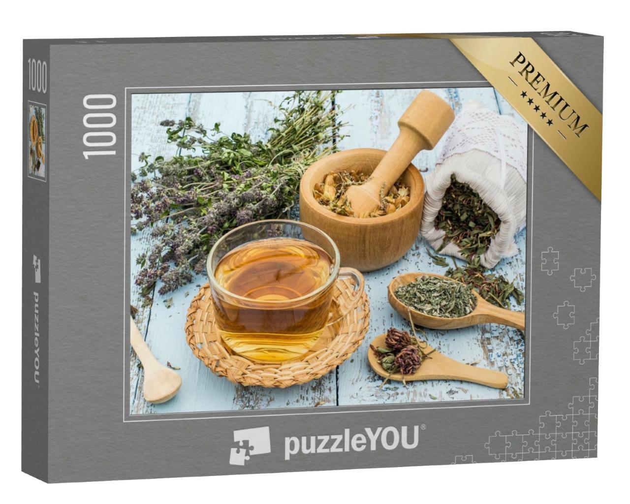 Puzzle 1000 Teile „Verschiedene getrocknete Wiesenkräuter und Kräutertee“