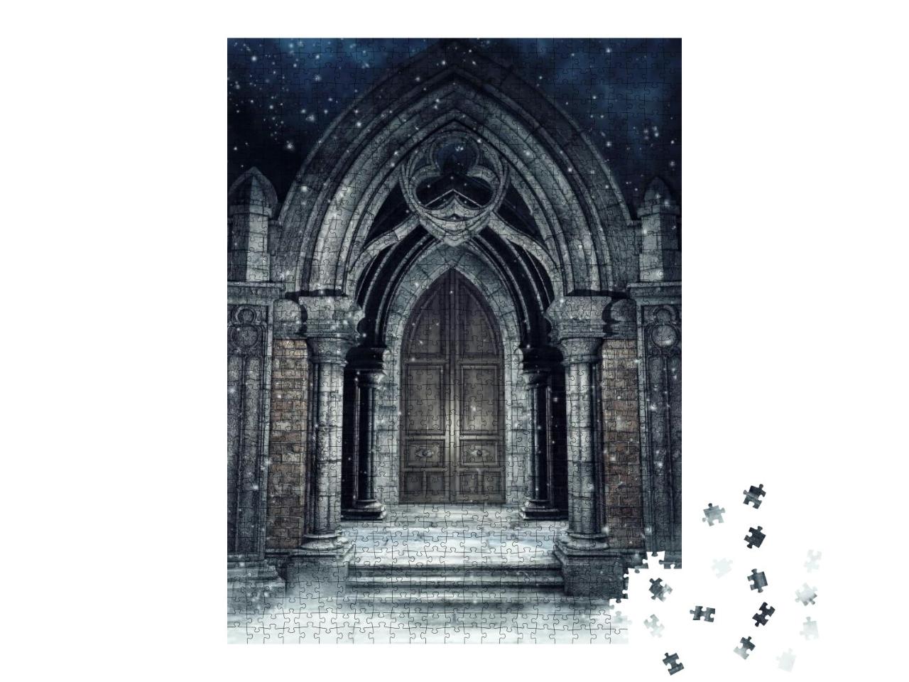 Puzzle 1000 Teile „Illustration: Verschneite Szene mit einem gotischen Steintor bei Nacht“