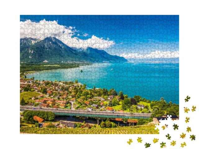 Puzzle 1000 Teile „Panoramablick auf Villeneuve am Genfer See, Schweiz“
