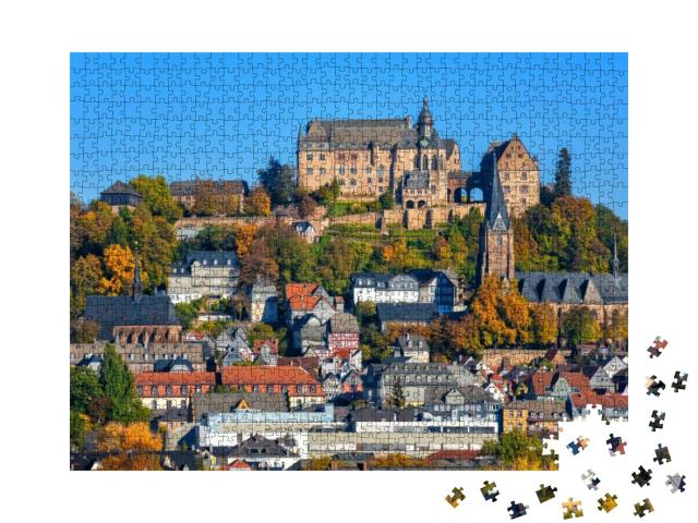 Puzzle 1000 Teile „Marburg an der Lahn: Landgrafenschloss und bunte Fachwerkhäuser“