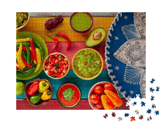 Puzzle 1000 Teile „Mexikanische Rezepte: Guacamolem Nachos, Chilisauce und Pico de Gallo“