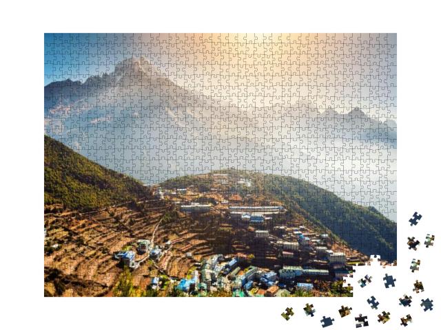 Puzzle 1000 Teile „Blick auf das Dorf Namche Bazar am Fuße des Everest Base Camp, Himalaya, Nepal“