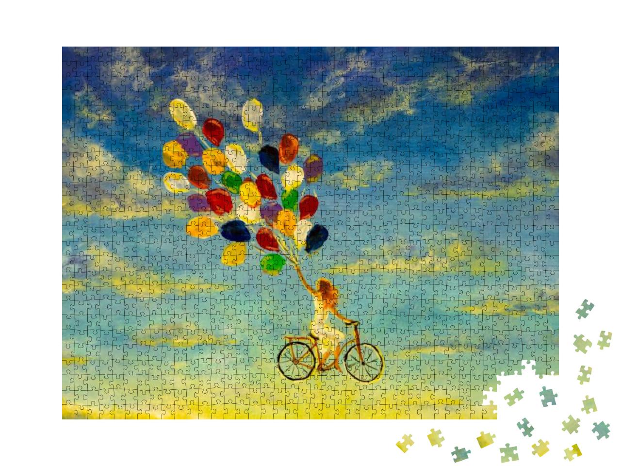 Puzzle 1000 Teile „Illustration: Mädchen auf Fahrrad fliegt an bunten Luftballons durch den Himmel“