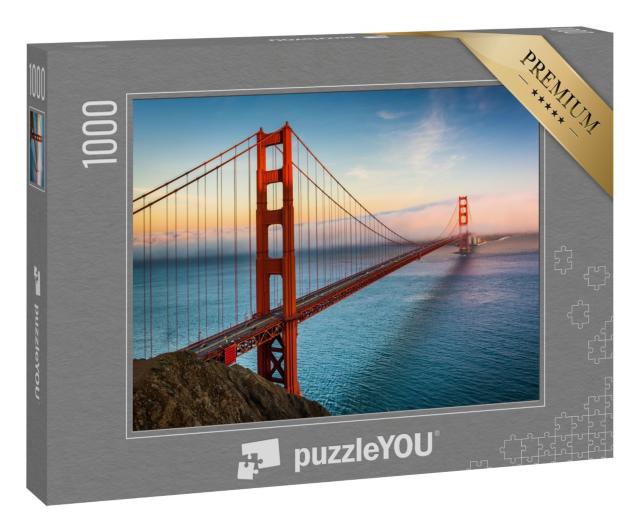 Puzzle 1000 Teile „Golden Gate Bridge bei Sonnenuntergang und Nebel, San Francisco“