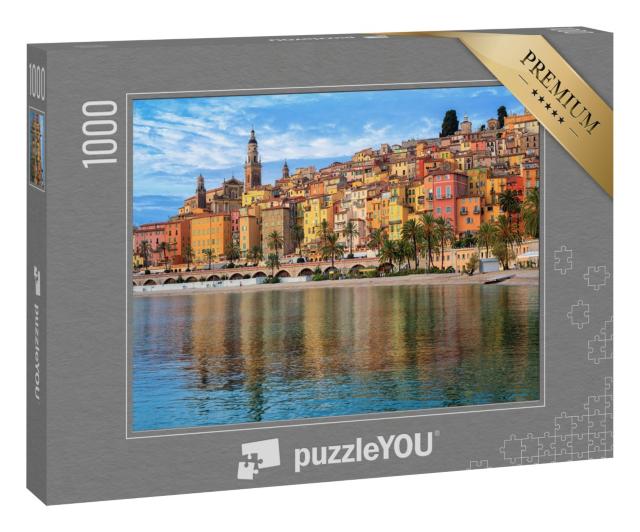 Puzzle 1000 Teile „Bunte Häuser und Sandstrand: Blick auf Menton, Riviera, Frankreich“