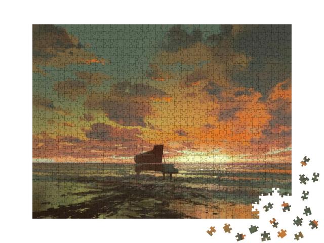 Puzzle 1000 Teile „Surreale Malerei: Schwarzer Flügel am Strand“