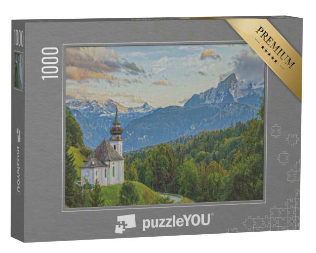 Puzzle 1000 Teile „im Kunst-Stil von Claude Monet - Watzmann mit Kirche Maria Gern - Puzzle-Kollektion Künstler & Gemälde“