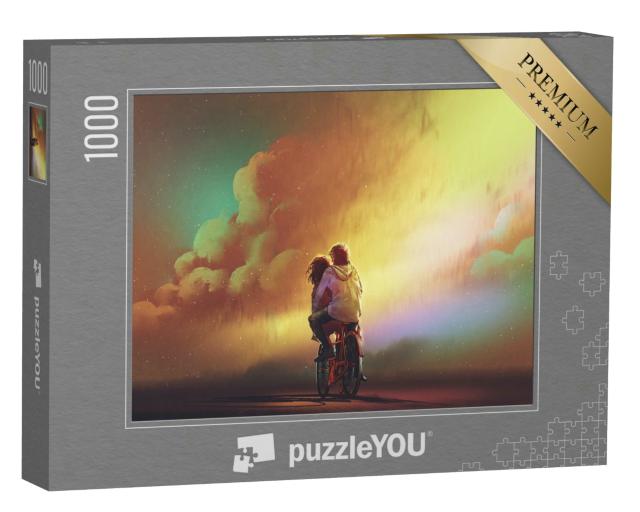 Puzzle 1000 Teile „Digitale Kunst: Verliebte Fahrt in den Sonnenuntergang“
