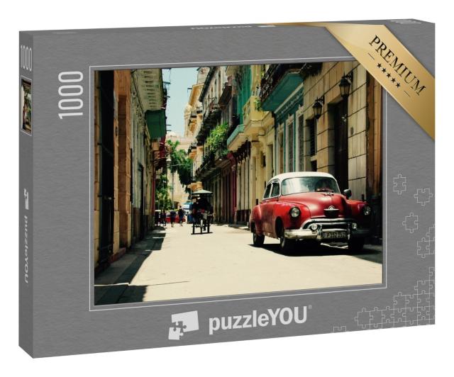 Puzzle 1000 Teile „Roter Oldtimer in den Straßen von Havanna, Kuba“