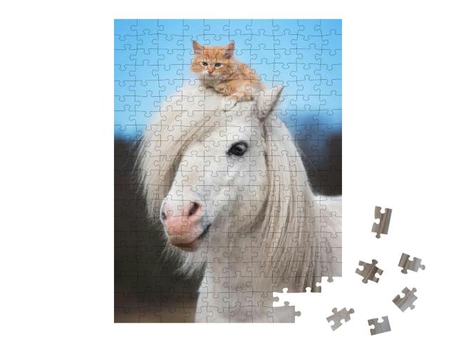 Puzzle 200 Teile „Kleines rotes Kätzchen auf dem Kopf eines weißen Shetlandponys“