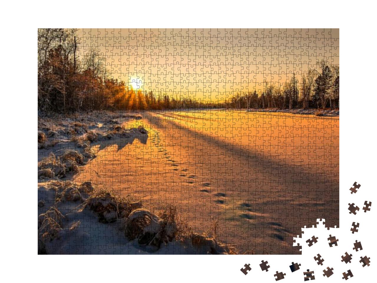 Puzzle 1000 Teile „Sonnenuntergang im Winter, Wald, Himmel, strahlendes Sonnenlicht“