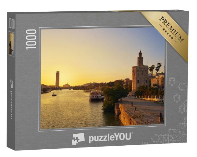 Puzzle 1000 Teile „Sonnenuntergang über Sevilla: Torre del Oro, Spanien“