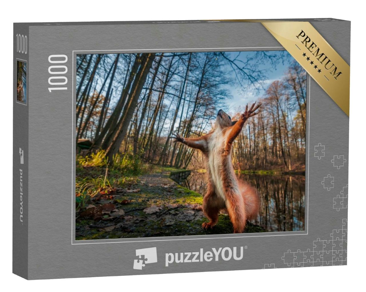 Puzzle 1000 Teile „Lustiges rotes Eichhörnchen posiert im Wald“