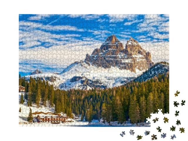 Puzzle 1000 Teile „Die Gipfel der Drei Zinnen vom Misurina-See in den Dolomiten aus gesehen“