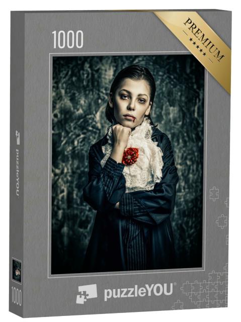 Puzzle 1000 Teile „Porträt eines Vampires, Vampirkostüm, Grunge-Hintergrund, Halloween-Party“