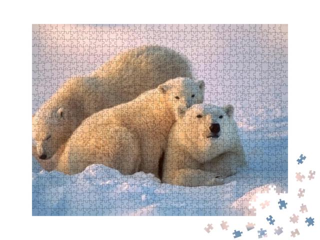 Puzzle 1000 Teile „Eisbärin mit ihren Jungen, die zusammen für Wärme und Schutz sorgen“