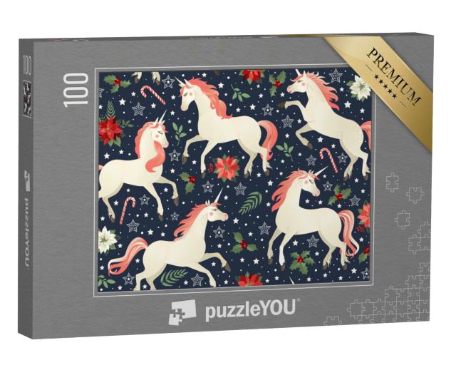 Puzzle 100 Teile „Einhörner auf weihnachtlichem floralem Hintergrund“