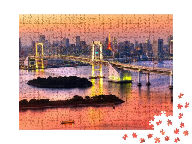 Puzzle 1000 Teile „Skyline von Tokio mit Tokio-Turm und Regenbogenbrücke, Japan“