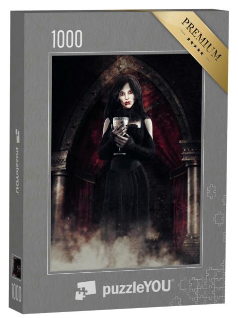 Puzzle 1000 Teile „Gothic-Szene: Vampirmädchen mit altem Kelch“