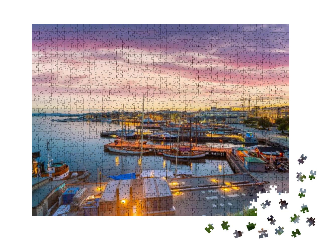 Puzzle 1000 Teile „Skyline von Oslo mit Stadtzentrum bei Sonnenuntergang, Norwegen“