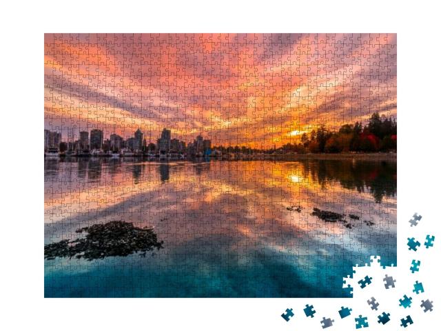 Puzzle 1000 Teile „Vancouver: Stanley Park, Hafenfont bei Sonnenuntergang, Reflexionen im Wasser“
