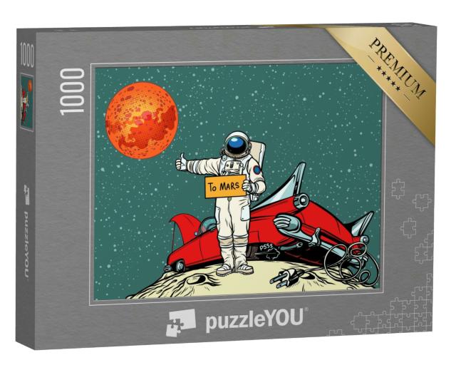 Puzzle 1000 Teile „Comic: der Weg zum Mars, Auto hat eine Panne im Weltraum“