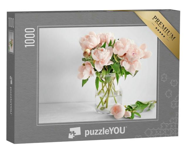 Puzzle 1000 Teile „Vase mit schönen Pfingstrosenblüten auf dem Tisch“