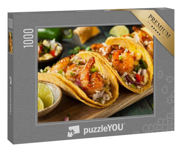 Puzzle 1000 Teile „Hausgemachte scharfe Shrimp-Tacos mit Krautsalat und Salsa“