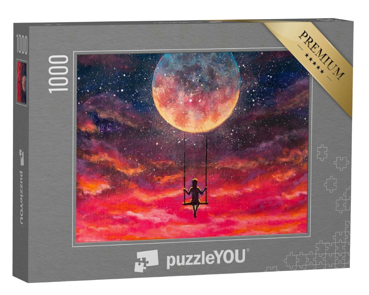 Puzzle 1000 Teile „Malerei: Mädchen und Junge reiten auf einer Schaukel“