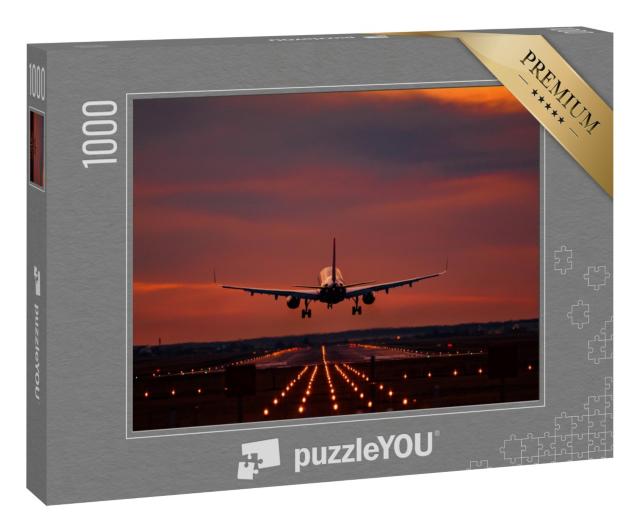 Puzzle 1000 Teile „Landeanflug im Sonnenuntergang auf dem Flughafen Otopeni“