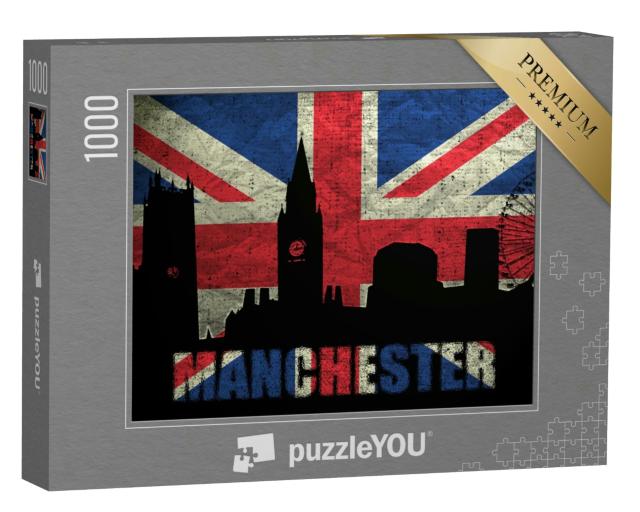 Puzzle 1000 Teile „Digitale Kunst: Skyline von Manchester auf britischer Grunge-Flagge“