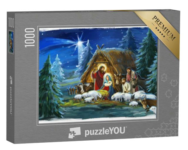 Puzzle 1000 Teile „Traditionelle Weihnachtszene mit der heiligen Familie und Tieren“