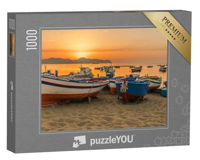 Puzzle 1000 Teile „Bunte Fischerboote am Abend, Sizilien“