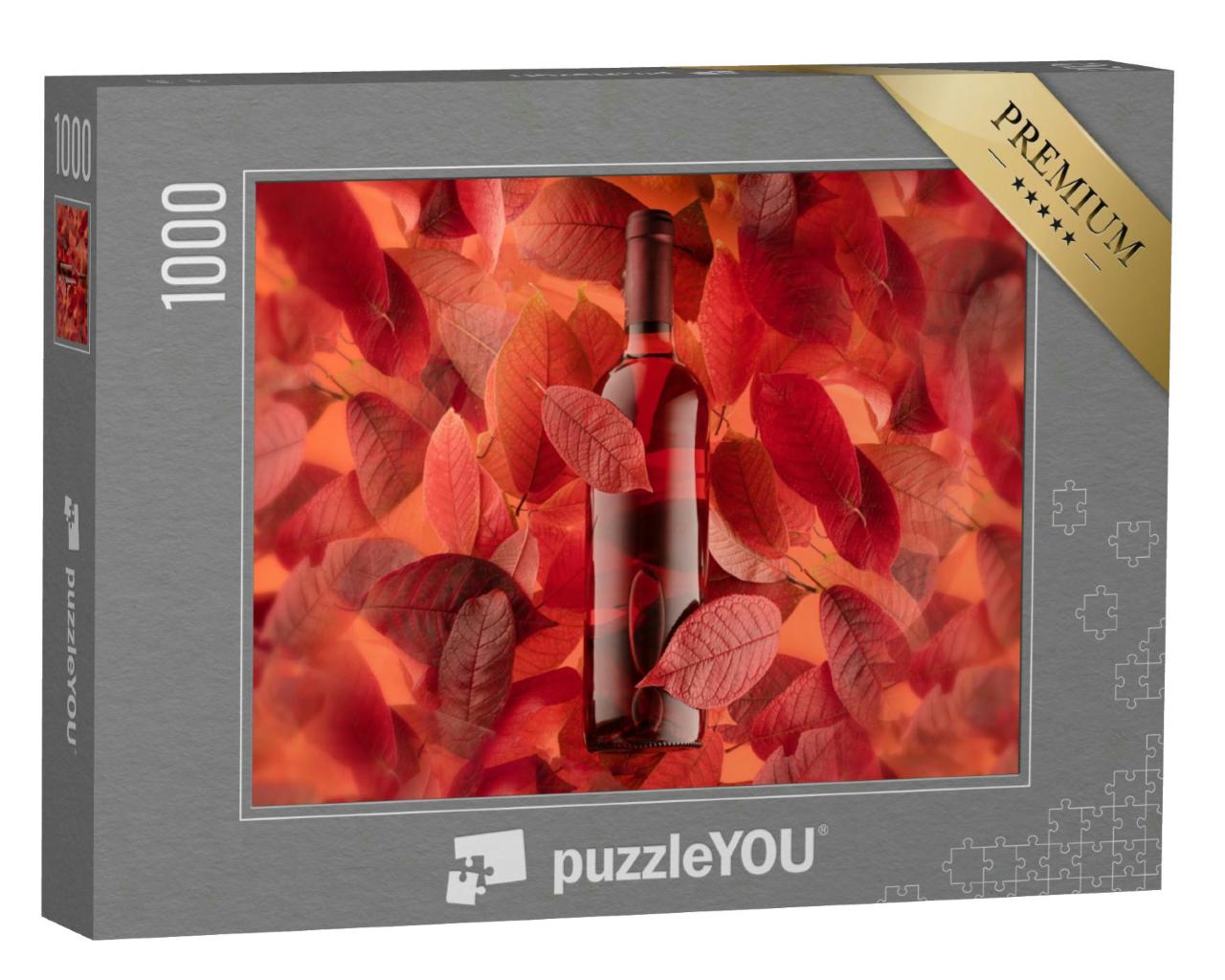 Puzzle 1000 Teile „Flasche Rot- oder Roséwein auf einem Hintergrund aus Herbstblättern“