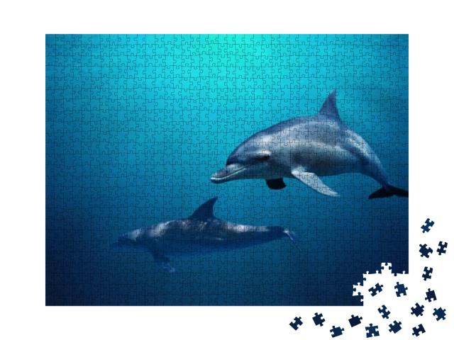 Puzzle 1000 Teile „Zwei Delfine schwimmen durch blaues Wasser“