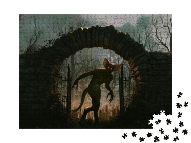 Puzzle 1000 Teile „Digitale Illustration: Gruseliges Monster schleicht durch ein dunkles Steintor“