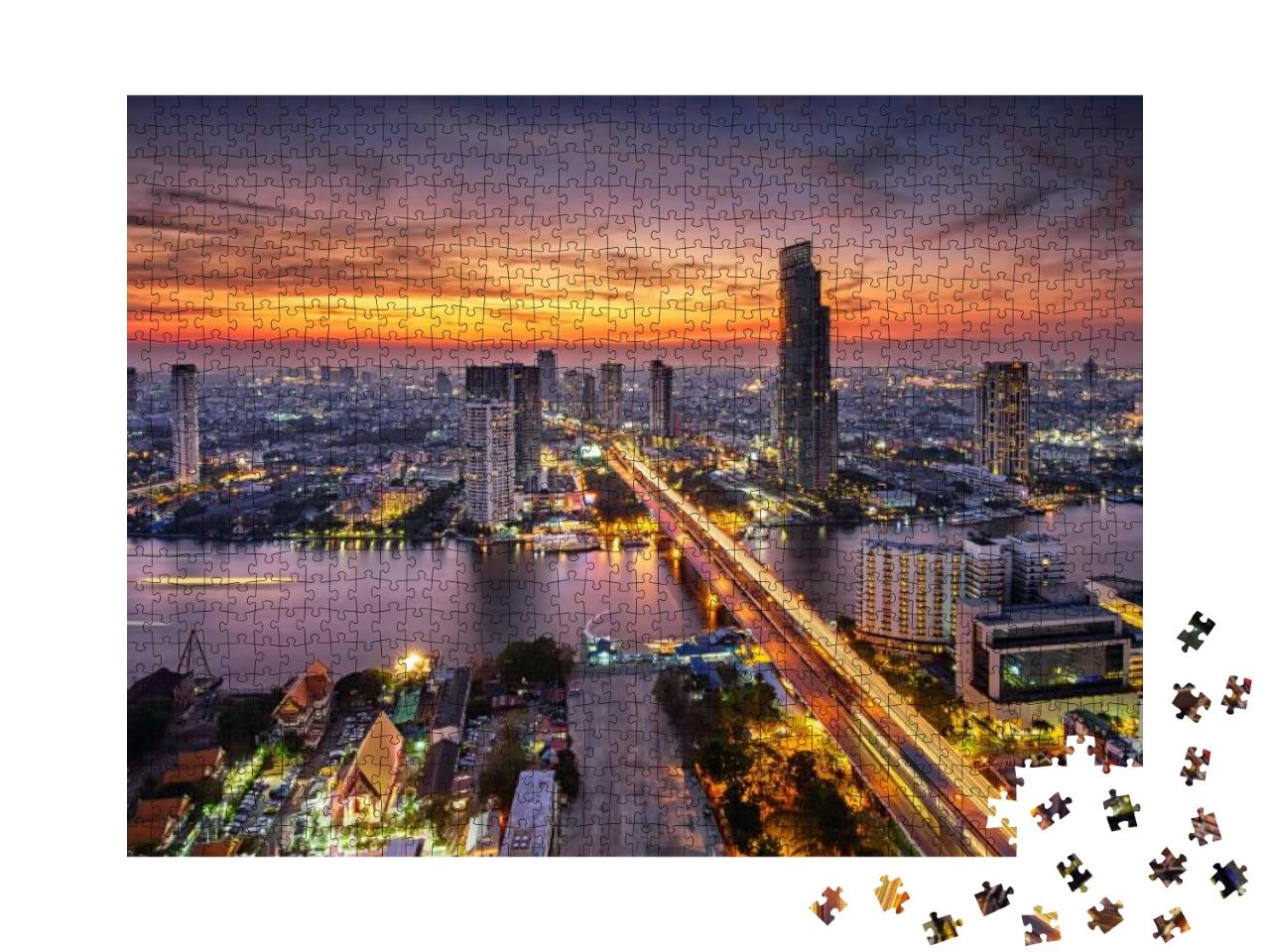 Puzzle 1000 Teile „Bangkok bei Sonnenuntergang an der Taksin-Brücke“